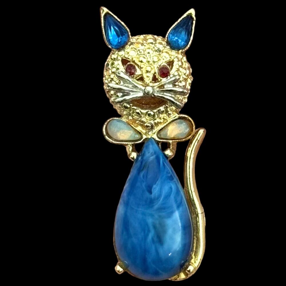 Vintage Jelly Belly Style Cat Brooch Blue